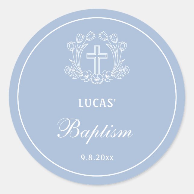 Adesivo Redondo Cruz Floral Simples no Batismo Azul Claro (Frente)