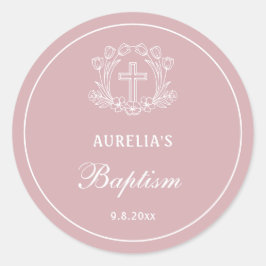 Adesivo Redondo Cruz Floral Simples no Batismo Rosa