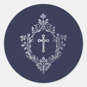 Adesivo Redondo Cruz Religiosa Azul Marinho Falsa em Crista Pratea
