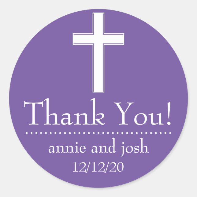 Adesivo Redondo Cruz Religiosa Obrigado Rótulos (Ameixa / Branco) (Frente)