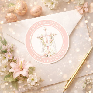 Adesivo Redondo Cruz Rosa Elegante com Tecido Branco