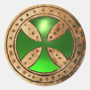 Adesivo Redondo CRUZ TEMPLÁRIA ANTIGA Esmeralda Verde Gema