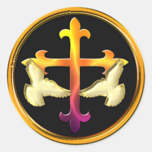 Adesivo Redondo Cruzamento de ferro com pombas em fundo preto