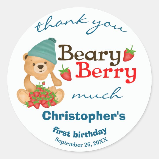 Adesivo Redondo Cubo Cubo Morango Beary Berry Primeiro Aniversário (Frente)