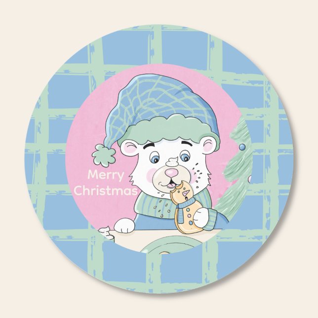 Adesivo Redondo Cubo de Urso Polar Bonito com Vinheta de Natal de  (Cute polar bear cub nibbling on a home baked cookie Christmas round sticker .)