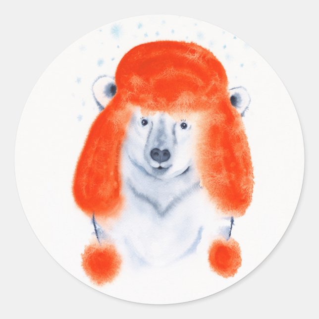 Adesivo Redondo Cubo de Urso Polar Bonito em Red Winter Hat Christ (Frente)