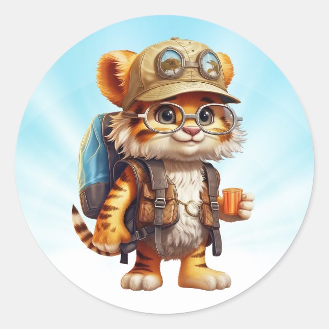 Adesivo Redondo Cubo Joyful Tiger com mochila e café (Frente)