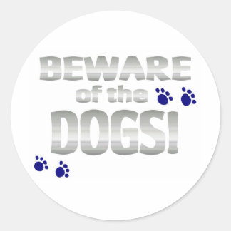 Adesivo Redondo Cuidado com os cães! Com as pegadas azuis