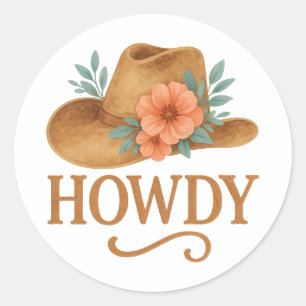 Adesivo Redondo Cumprido Boho Ocidental Chapéu de Cowboy Aquarela