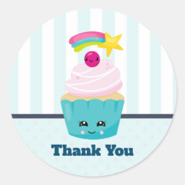 Adesivo Redondo Cupcake azul bonito com a cara de Kawaii Obrigado