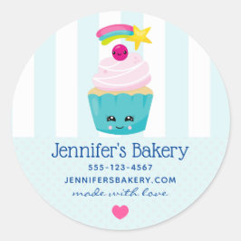 Adesivo Redondo Cupcake azul bonito com o Kawaii Face Business