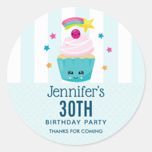 Adesivo Redondo Cupcake azul bonito com Obrigados de aniversário K