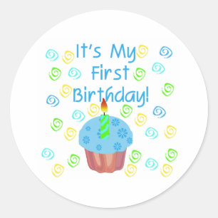 Adesivo Redondo Cupcake azul com da vela aniversário primeirament