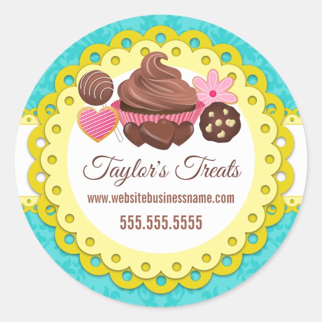 Adesivo Redondo Cupcake Bakery Damask Yellow Scallop Seals (Frente)