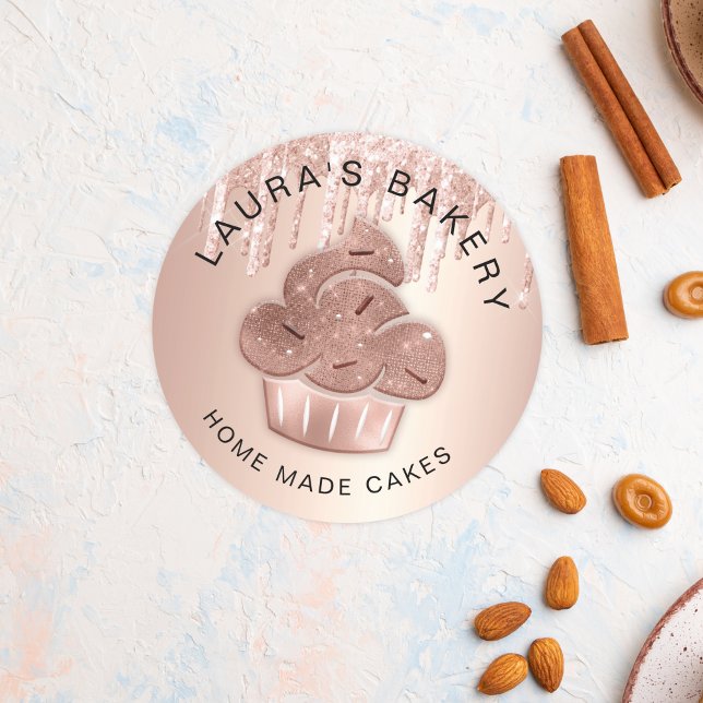 Adesivo Redondo Cupcake Bakery Pastelaria Chef Glitter Drives Rosa (Pastry and home made cakes business marketing material with a rose gold glitter cupcake design.)