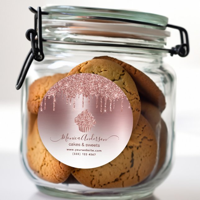 Adesivo Redondo Cupcake Bakery Pastelaria Chef Glitter Drives Rosa (Cupcake Bakery Pastry Chef Glitter Drips Rose Gold Classic Round Sticker)