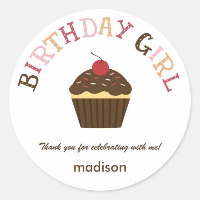 Adesivo Redondo Cupcake Birthday Girl Favor Sticker /Envelope Seal (Frente)