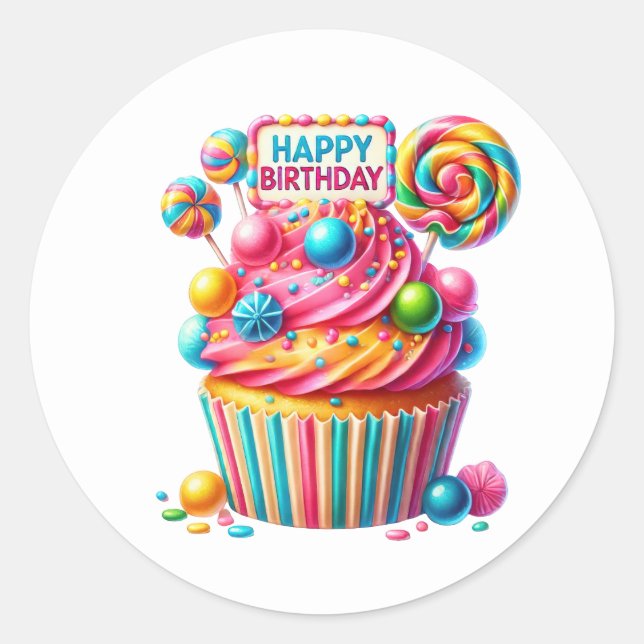Adesivo Redondo Cupcake Birthday Stickers (Frente)
