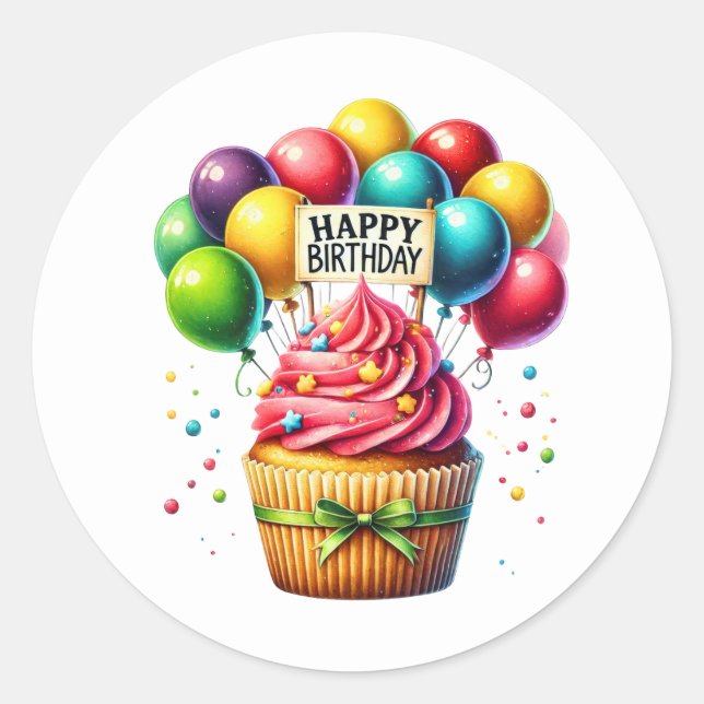 Adesivo Redondo Cupcake Birthday Stickers (Frente)