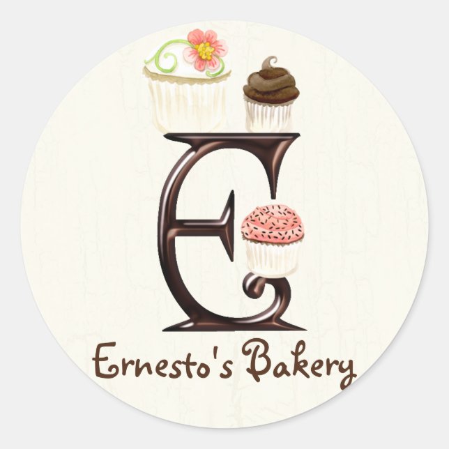 Adesivo Redondo Cupcake Carta E Monograma Logotipo para empresas (Frente)