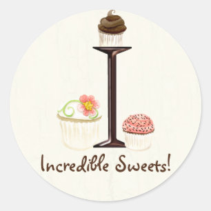 Adesivo Redondo Cupcake Carta I Monograma Logotipo para empresas