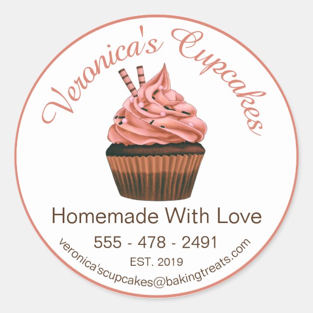 Adesivo Redondo Cupcake Castanho Com Detalhes De Contato (Frente)