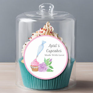 Adesivo Redondo Cupcake com Glacê de Aquarela Feito Com Amor