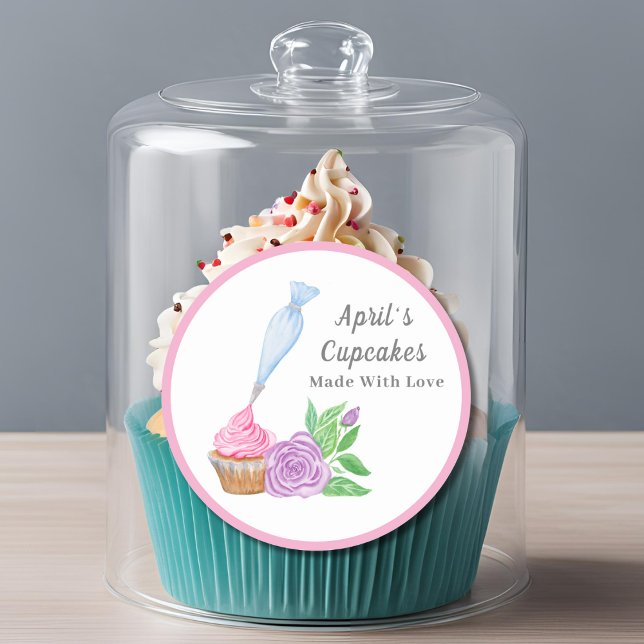 Adesivo Redondo Cupcake com Glacê de Aquarela Feito Com Amor (Criador carregado)