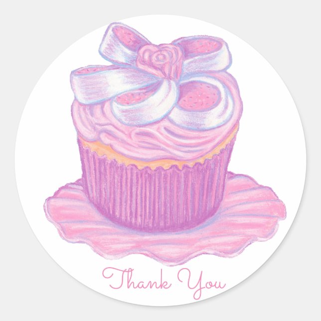 Adesivo Redondo Cupcake Cor-de-Rosa ~ Obrigado (Frente)