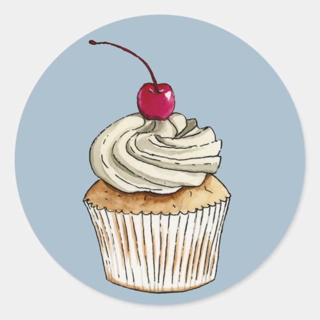 Adesivo Redondo Cupcake de aquarela com creme chicotado e cereja (Frente)