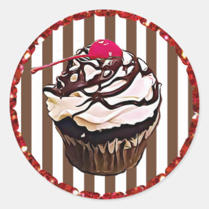 Adesivo Redondo Cupcake de chocolate com vinheta de cereja