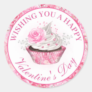 Adesivo Redondo Cupcake de Dia dos Namorados com Flor Rosa em Aqua