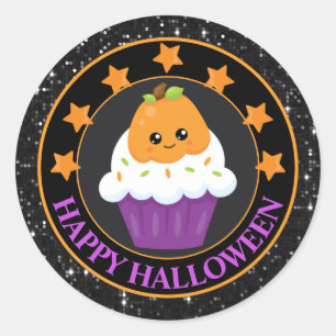 Adesivo Redondo Cupcake de Halloween de Abóbora Kawaii