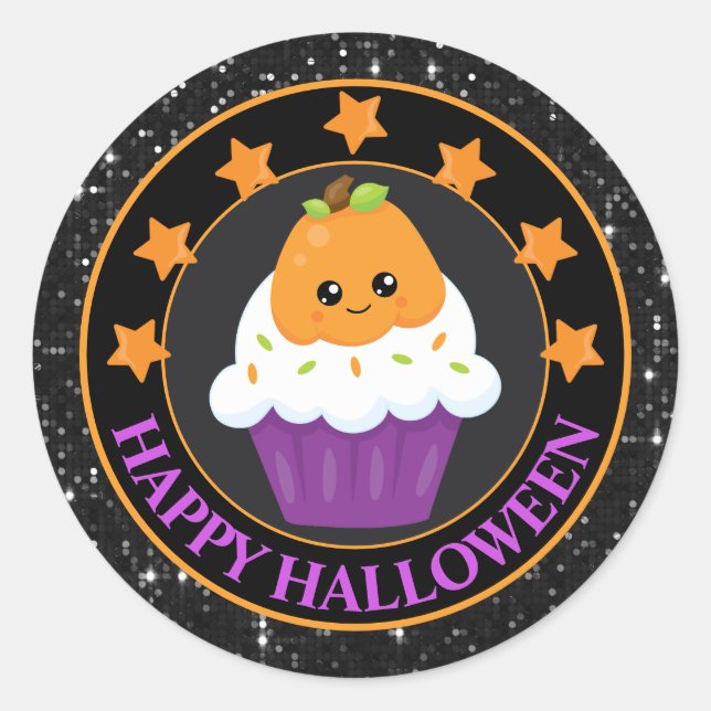 Adesivo Redondo Cupcake de Halloween de Pumpkin Kawaii (Frente)