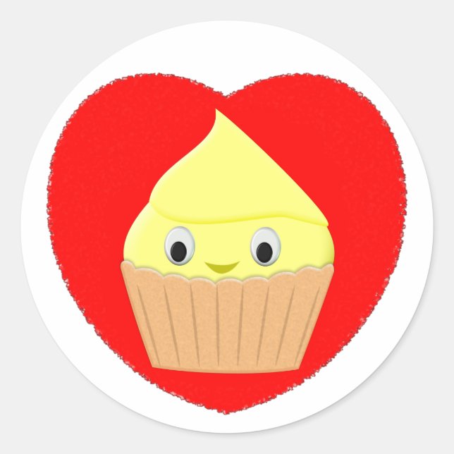 Adesivo Redondo Cupcake De Limão De Cartoon Em Coração Vermelho Cl (Frente)