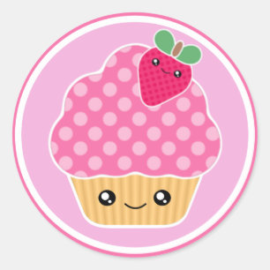 Adesivo Redondo Cupcake de Morango Rosa Kawaii