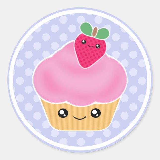 Adesivo Redondo Cupcake de Morango Rosa Kawaii (Frente)