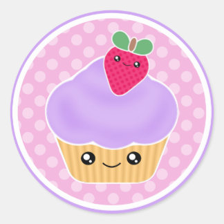 Adesivo Redondo Cupcake de Morango Roxo Kawaii