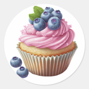 Adesivo Redondo Cupcake de nata rosa com aniversário de bagas