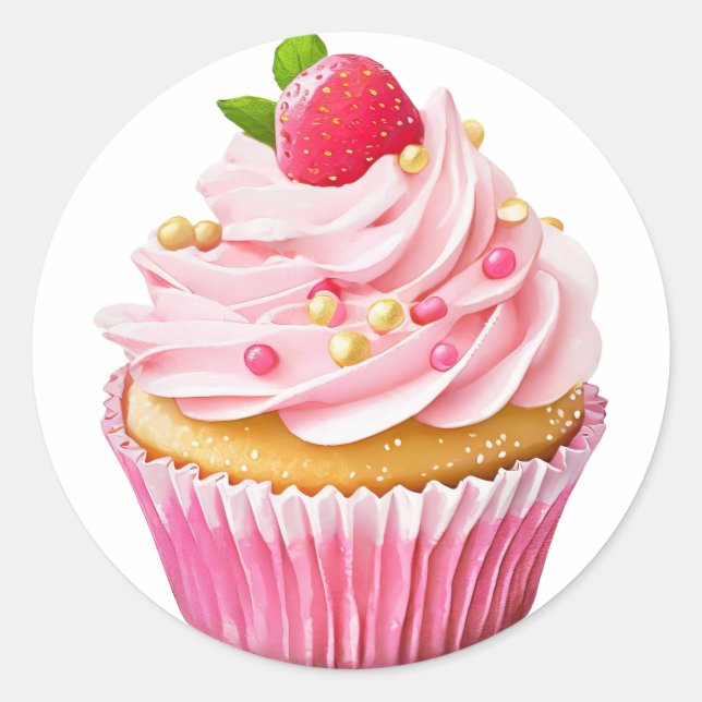 Adesivo Redondo Cupcake de nata rosa com aniversário de bagas (Frente)