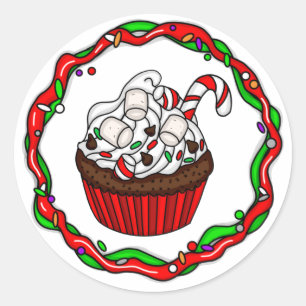 Adesivo Redondo Cupcake de Natal com Candy Cane