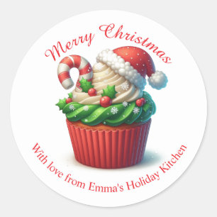 Adesivo Redondo Cupcake de Natal Feliz Vinheta Verde Vermelha
