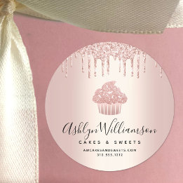 Adesivo Redondo Cupcake de pastelaria Rosa de panificação Dourada