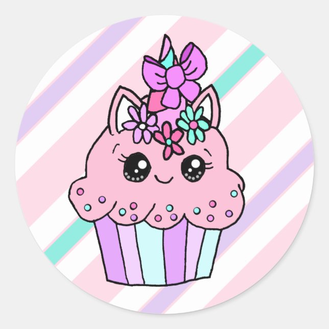 Adesivo Redondo Cupcake de Whimsical Unicorn de Cartoon Bonito (Frente)