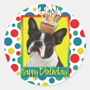Adesivo Redondo Cupcake do aniversário - Boston Terrier