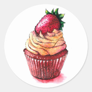 Adesivo Redondo Cupcake doce com morango em cima.