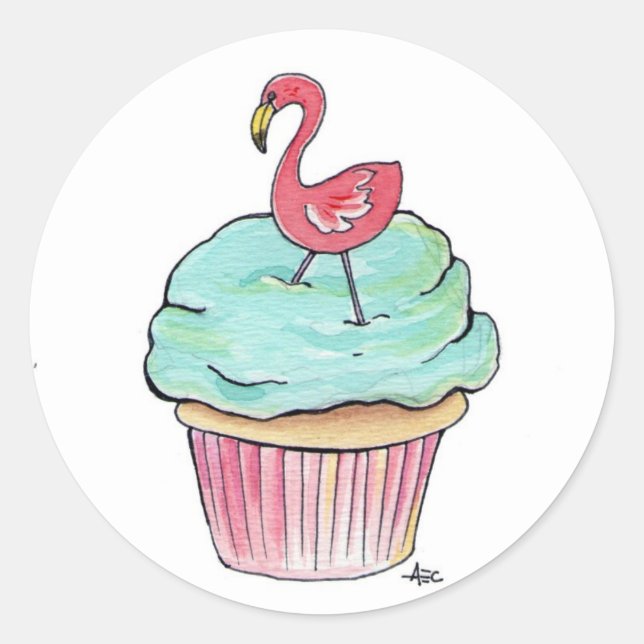 Adesivo Redondo Cupcake Flamingo Rosa (Frente)