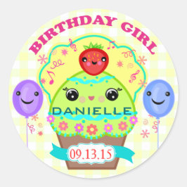Adesivo Redondo Cupcake Kawaii, garota de aniversário personalizad