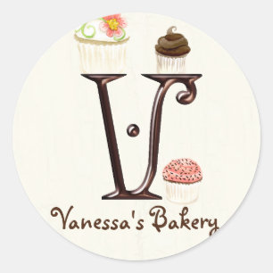 Adesivo Redondo Cupcake Letter V Monograma Logotipo para empresas
