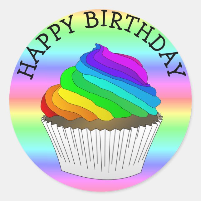 Adesivo Redondo Cupcake Rainbow Happy Birday Stickers (Frente)